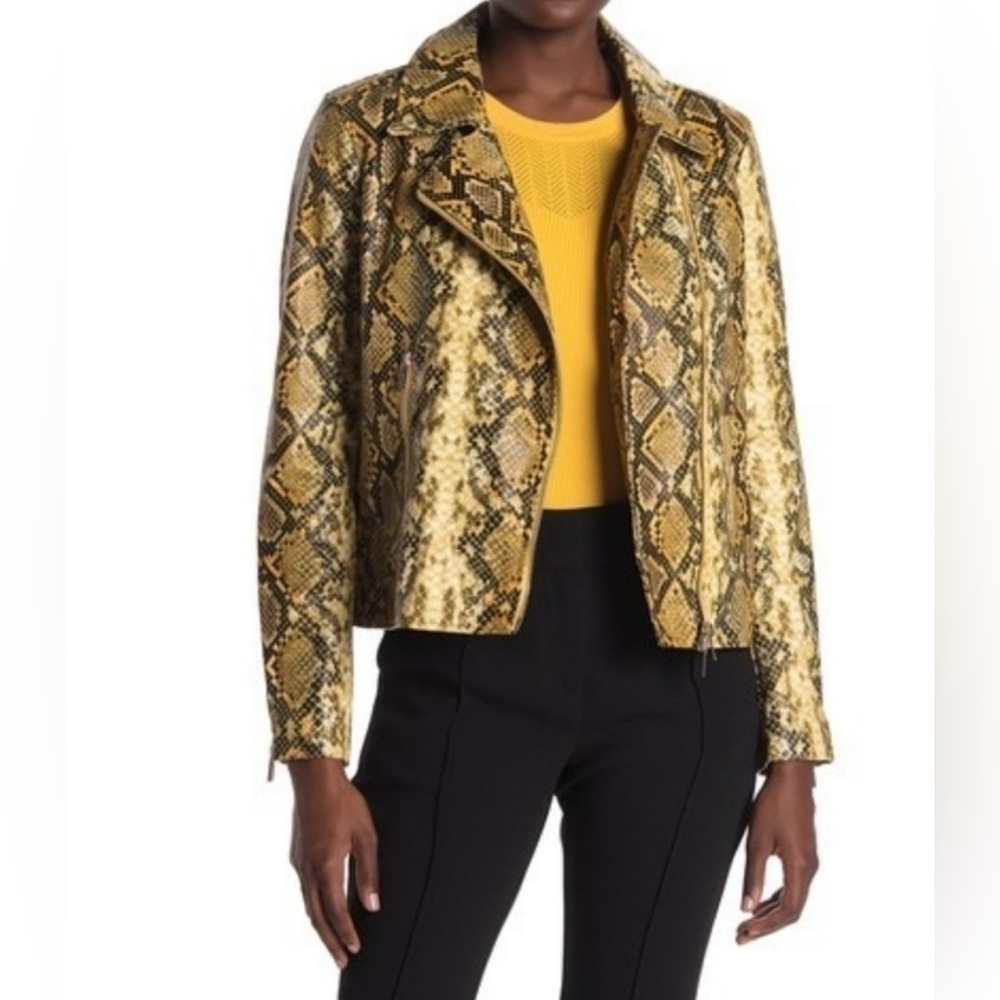 Tahari Yellow and Brown Snake Print Leather Jacket